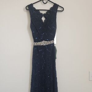 My Michelle Navy Blue Formal Prom Lace Sequin Open Back Sleeveless Gown